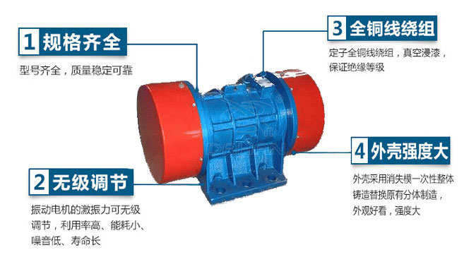 VB振動電機(jī)特點：1，規(guī)格齊全：型號齊全，質(zhì)量穩(wěn)定可靠。2，無極調(diào)節(jié)：振動電機(jī)的激振力可無極調(diào)節(jié)，利用率高，能耗小，噪音低，壽命長。4，外殼輕度大：外殼采用消失模一次性整體鑄造替換原有分體制造，外觀好看，強(qiáng)度大。