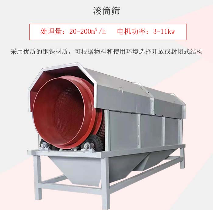 滾筒篩采用優(yōu)質(zhì)的鋼鐵材質(zhì)，可根據(jù)物料和使用環(huán)境選擇開(kāi)放或封閉式結(jié)構(gòu)