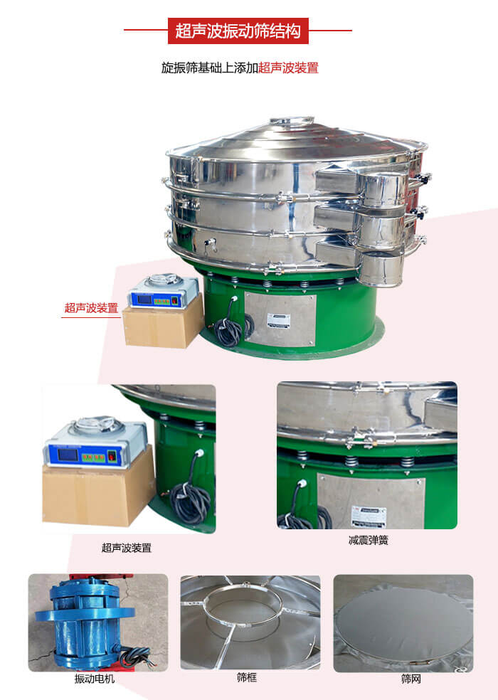 圓篩機(jī)內(nèi)部結(jié)構(gòu)：主要由振動(dòng)電機(jī)、篩框、篩網(wǎng)、超聲波系統(tǒng)、減震彈簧等展示圖