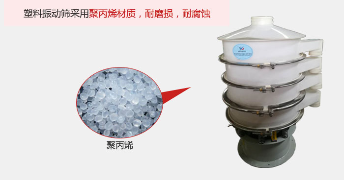 塑料振動(dòng)篩主要采用塑料材質(zhì)，多用與有一定腐蝕性和與金屬有一定反應(yīng)的物料使用。