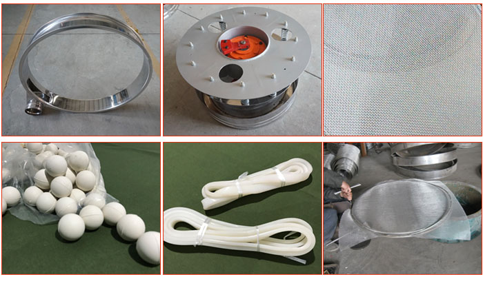 800型全不銹鋼振動(dòng)篩配件有：振動(dòng)篩篩框，電機(jī)，不銹鋼篩網(wǎng)等。