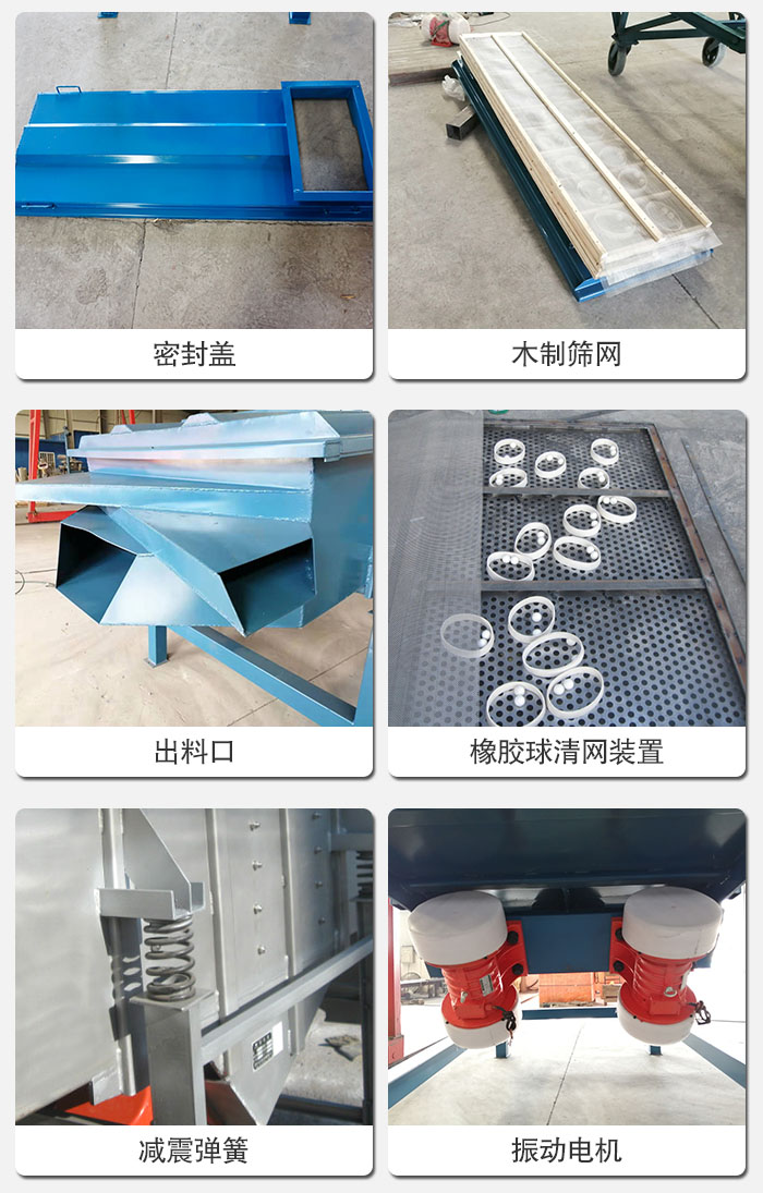 直線篩結(jié)構(gòu)展示：篩網(wǎng)，篩箱，振動電機(jī)，振動電機(jī)座，減震彈簧，支架等部件展示圖