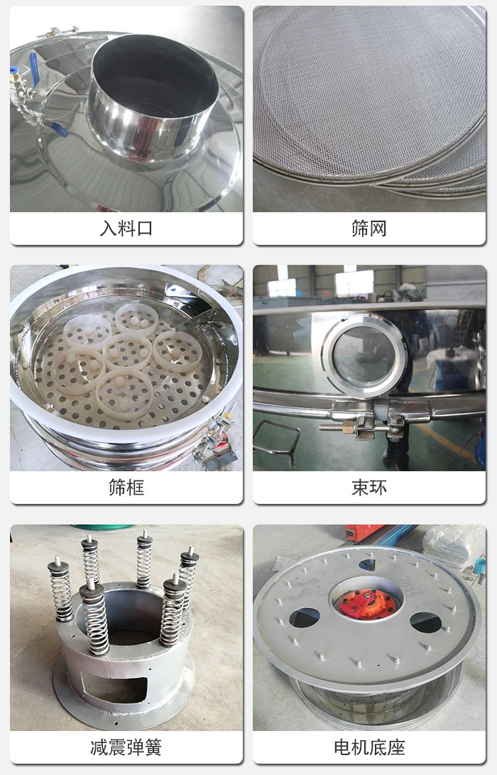醫(yī)藥振動(dòng)篩有電機(jī)底座，減震彈簧，束環(huán)，篩框，入料口，篩網(wǎng)等部件展示。