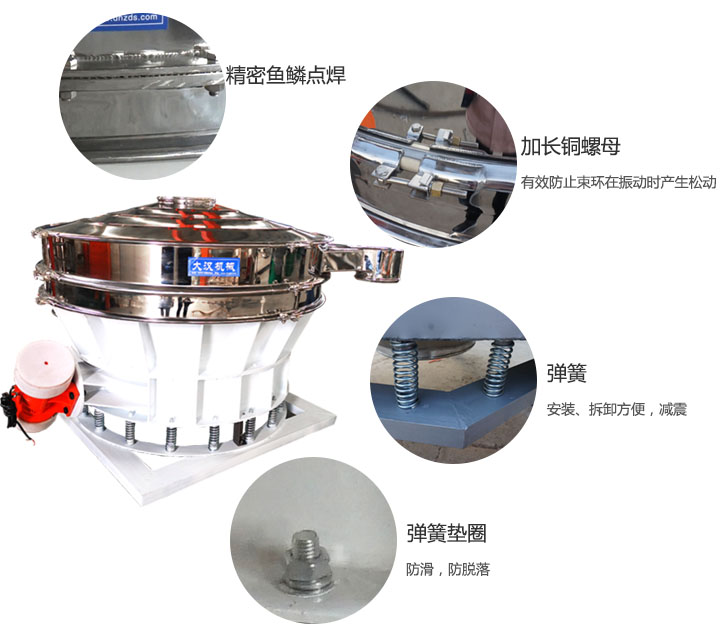 1500直排篩細(xì)節(jié)展示：彈簧，彈簧墊圈，加長銅螺母。