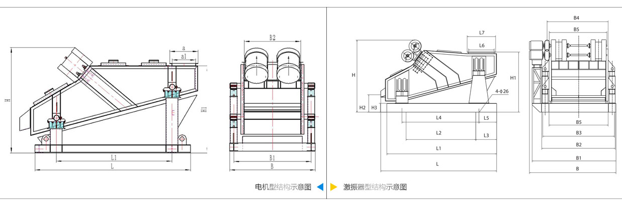 礦用振動篩電機振動式和激振器振動式的內部結構尺寸圖。