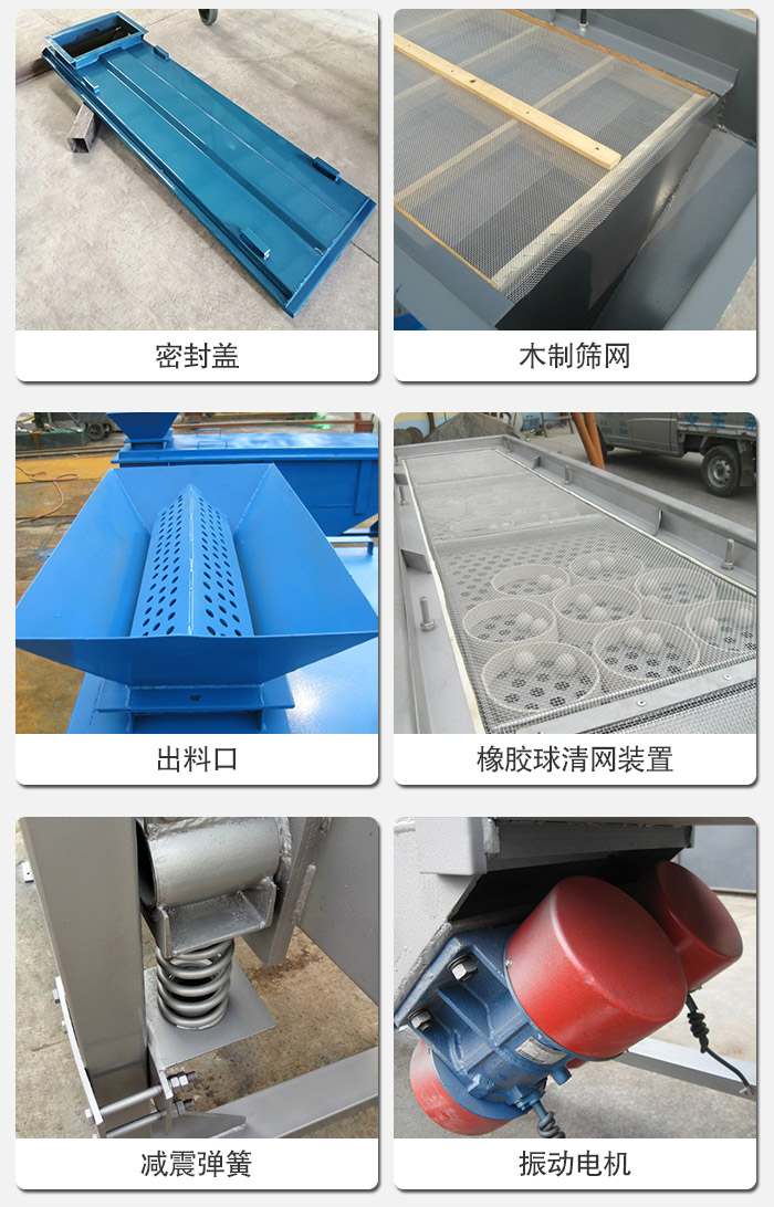 直線篩分機(jī)的結(jié)構(gòu)展示圖：篩箱是物料主要篩分設(shè)備之一，篩網(wǎng)用于篩分物料，振動(dòng)電機(jī)幫助篩網(wǎng)篩分。