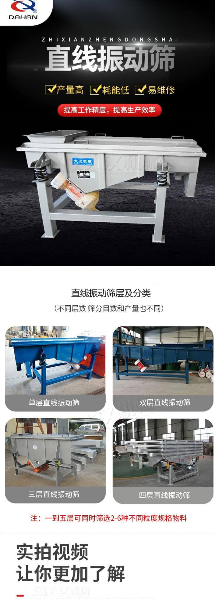 直線振動篩概述，產(chǎn)量高，耗能低，易維修，提高工作精度，提高生產(chǎn)效率，直線振動篩層級分類：不同層數(shù)，篩分目數(shù)和產(chǎn)量也不同：單層，雙層，三層，四層等。