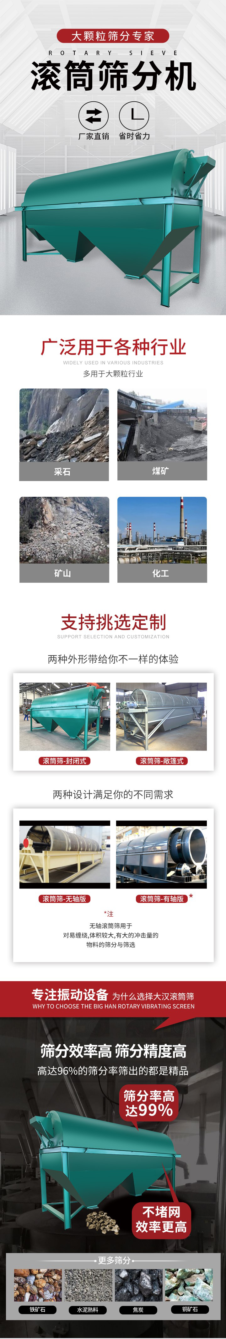 滾筒篩分機(jī)大顆粒篩分專家：廠家直銷，省時省力。滾筒篩被廣泛應(yīng)用各種行業(yè)：多用于大顆粒行業(yè)例如：采石，煤礦，礦山，化工等。滾筒篩定制類型有哪些：封閉式與敞篷式產(chǎn)品結(jié)構(gòu)分為：無軸式，有軸式兩種，無軸滾筒篩用于對纏繞，體積較大，有大的沖擊量的物料的篩分與篩選。滾筒篩篩分效率高篩分精度能夠達(dá)到：96%也比較適用于鐵礦石，水泥熟料，焦炭，銅礦石。滾筒篩特點(diǎn)：不飛粉末：密封隔離罩，密封性好，工作過程不會出現(xiàn)飛粉現(xiàn)象。外型尺寸是按筒體長計(jì)