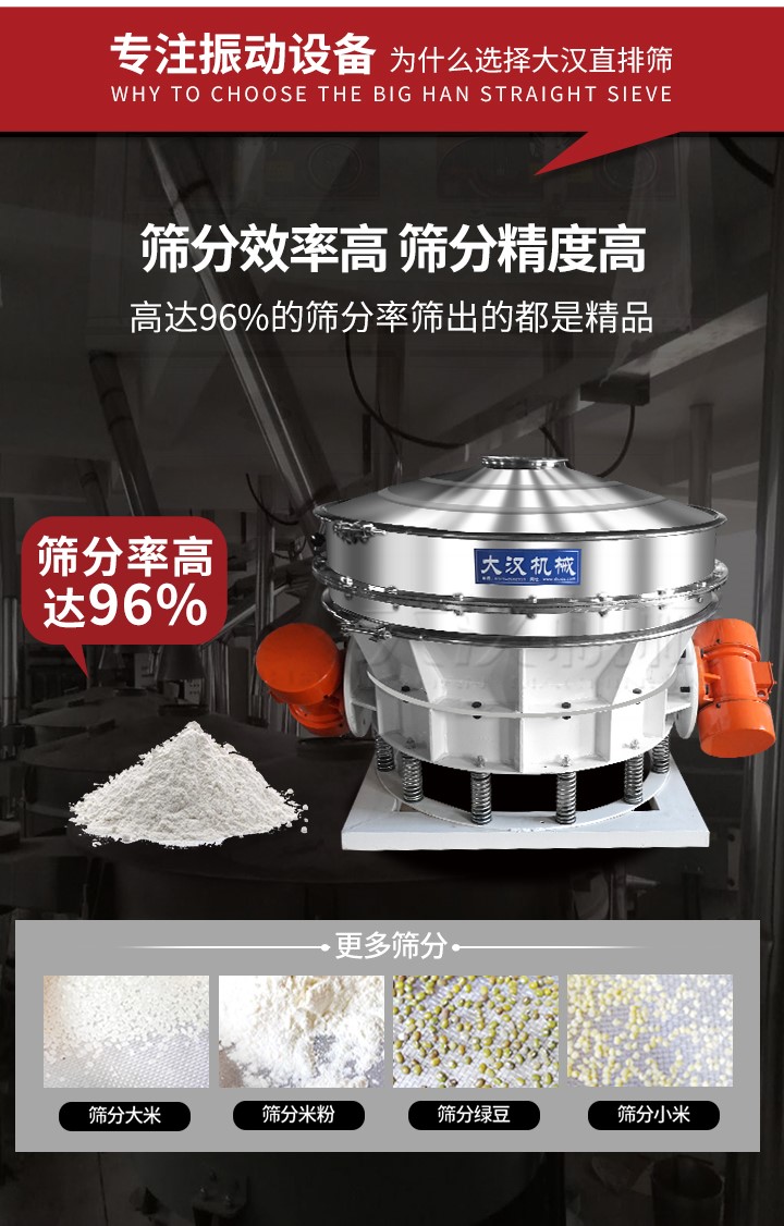直排篩適用物料有面粉，淀粉，洗衣粉，金屬粉，添加劑，化工，非礦等行業(yè)。