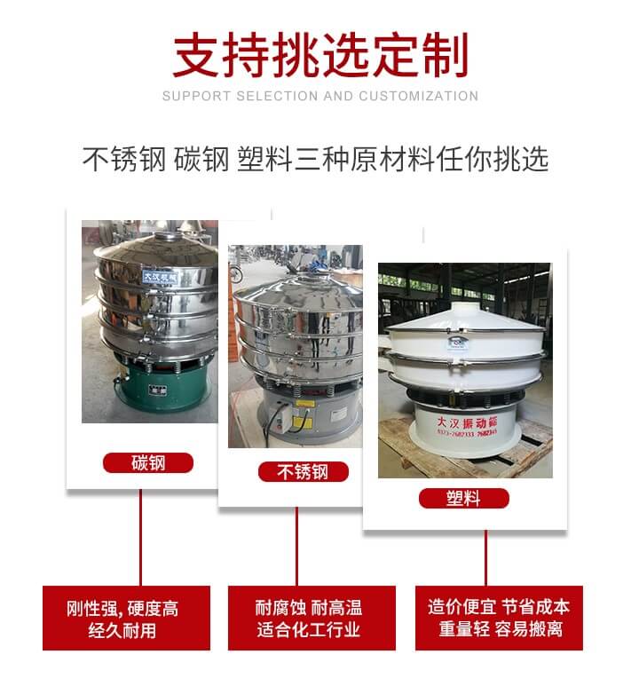 旋振篩可配置一到四層的篩網(wǎng)。旋振篩的篩分效率高，篩分精度高，篩分率高達(dá)96%。