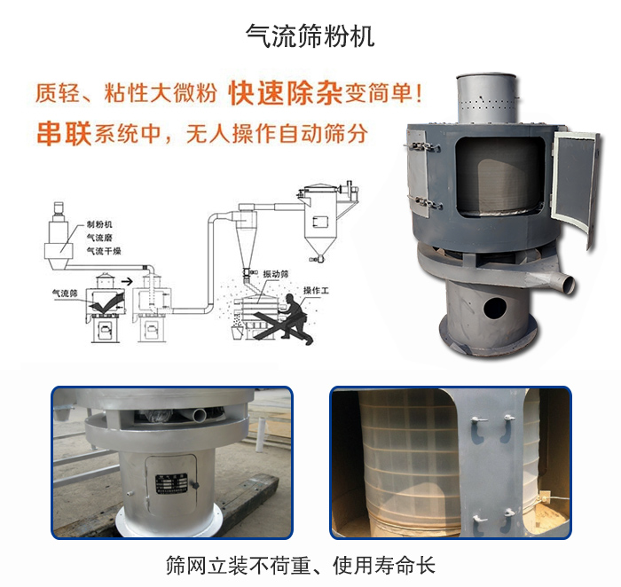 氣流篩粉機(jī)適用：質(zhì)輕，粘性大微粉采用串聯(lián)系統(tǒng)重，無(wú)人操作自動(dòng)篩分 特點(diǎn)：篩網(wǎng)立裝不負(fù)重，使用壽命長(zhǎng)。