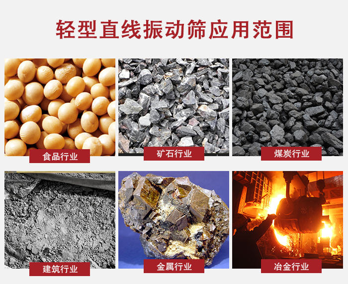 輕型直線振動篩應用范圍較廣多使用與顆粒狀，粉狀以及其它重型行業(yè)的輸送。