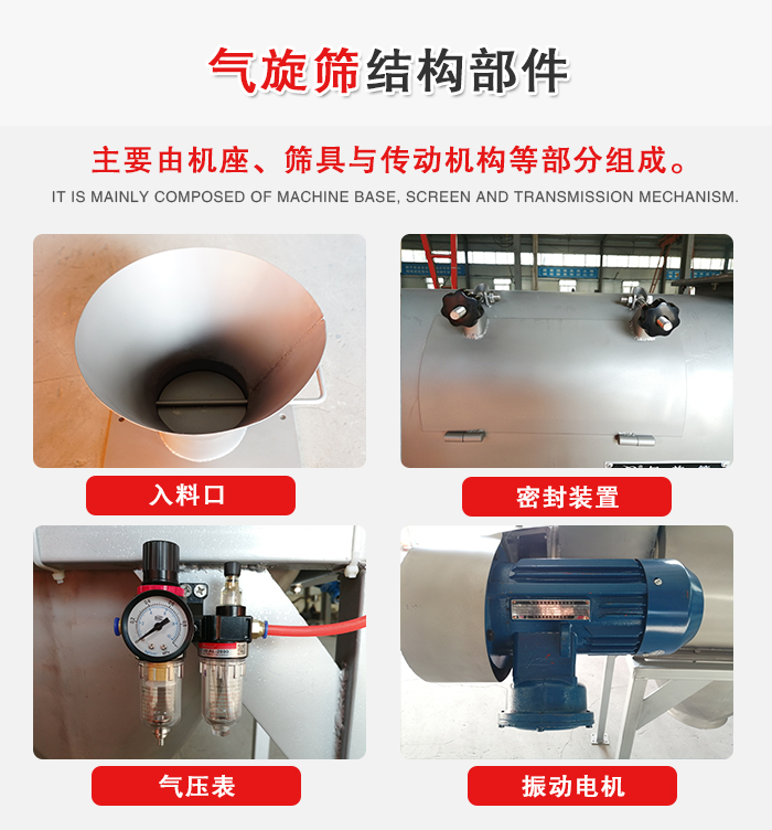 氣旋篩結構：入料口，密封裝置，電機，氣壓表等