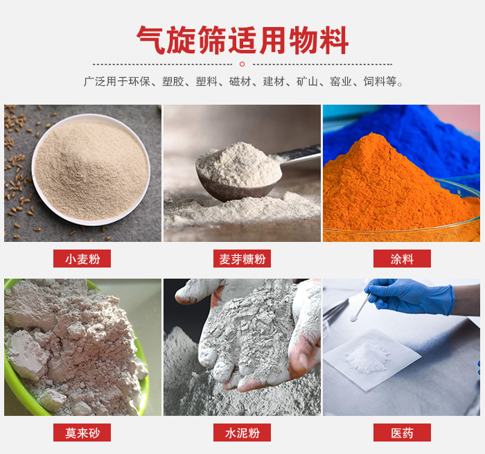 氣旋篩適用物料：小麥粉，麥芽糖粉，涂料，等粉狀物料。