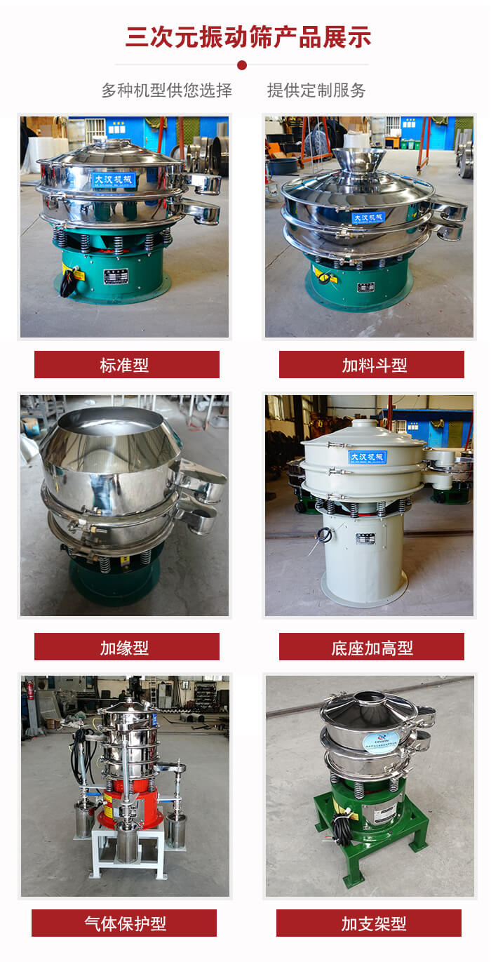 三次元振動篩不同結(jié)構(gòu)展示：標(biāo)準(zhǔn)型，加料斗型，加緣型，底座加高型，氣體保護(hù)型，加支架型。
